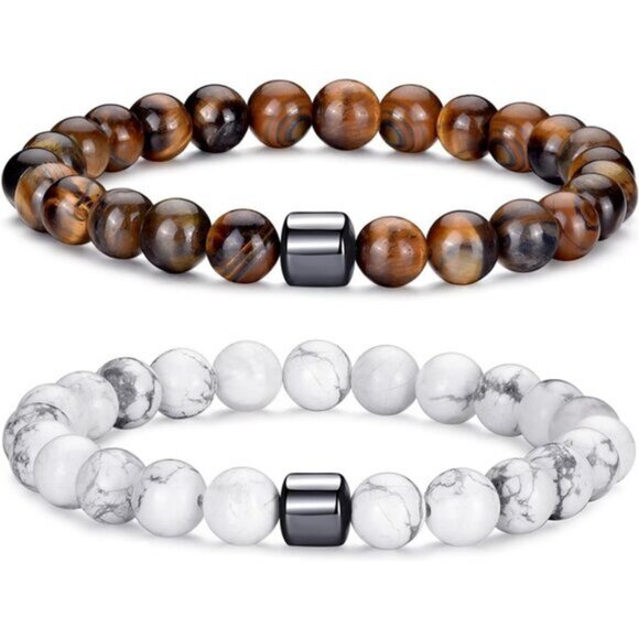 ⚡Rankeef Men 2 Tiger Eye White 8MM Natural Stone Crystal Beaded Bracelet - Picture 1 of 7